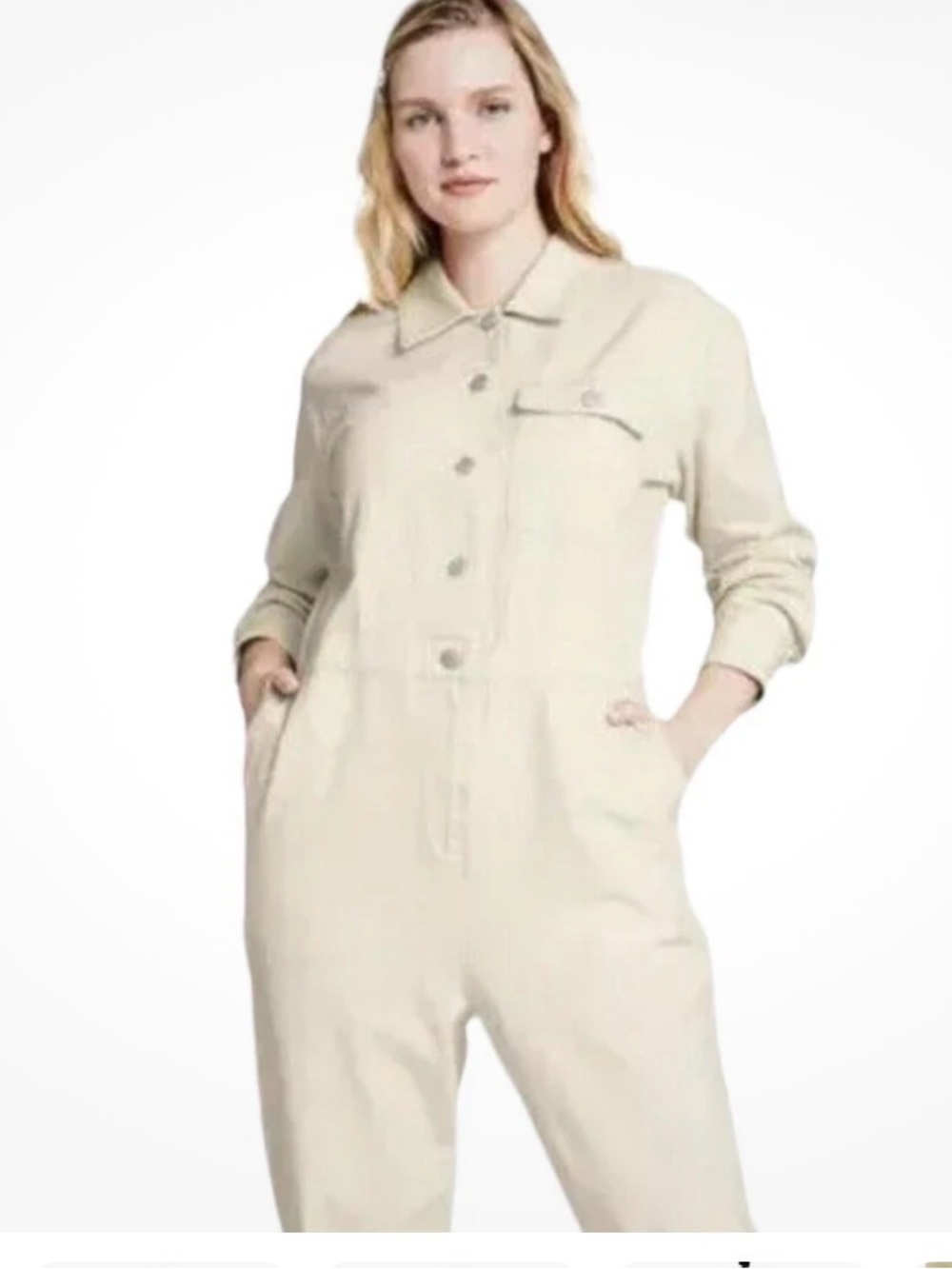 Sandy Liang Neutral Cream Button-Front Utility Jumpsuit
